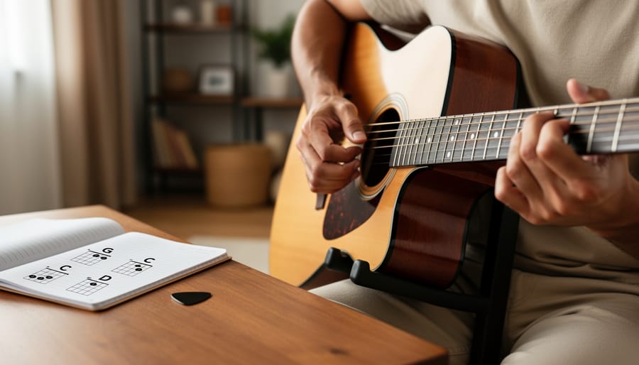 Beginner acoustic guitar setup on a wooden table with a guitar pick and practice notebook in soft natural light.