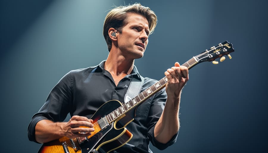 Close-up of musician holding guitar with focused, confident hand position under soft lighting