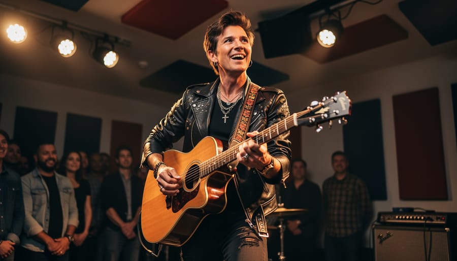 Guitarist performing on stage under spotlights with audience silhouettes in the background