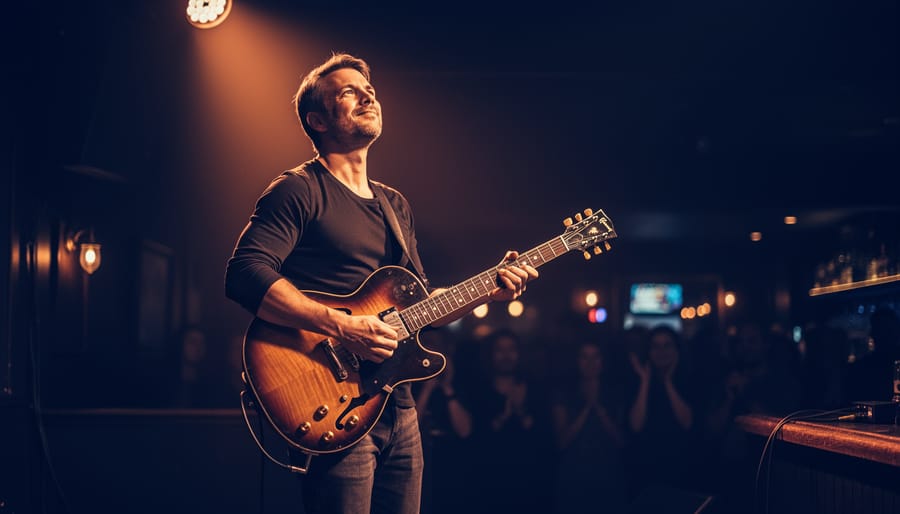 A confident guitarist under warm stage lighting with expressive hand movements, audience silhouettes blurred in the background.