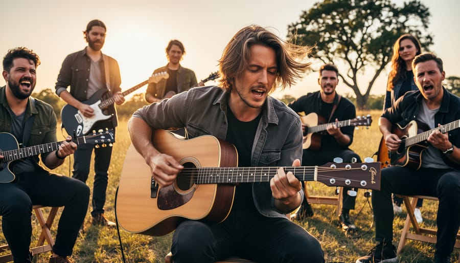 Person playing an acoustic guitar outdoors at golden hour with warm sunlight highlighting the instrument.