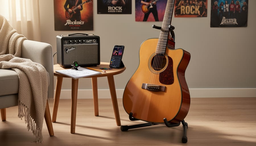 Steel-string acoustic guitar with a clipped tuner and guitar picks on a wooden table in a cozy living room.