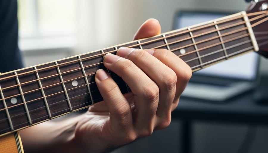 Close-up of hands fretting chords on a guitar neck with amplifier blurred in background