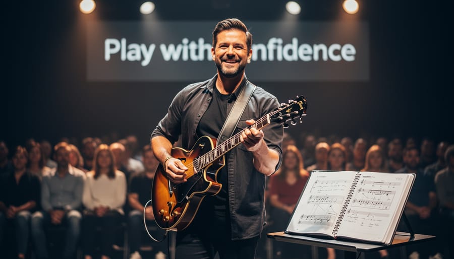 Guitarist preparing to perform on a small stage with warm golden stage lighting
