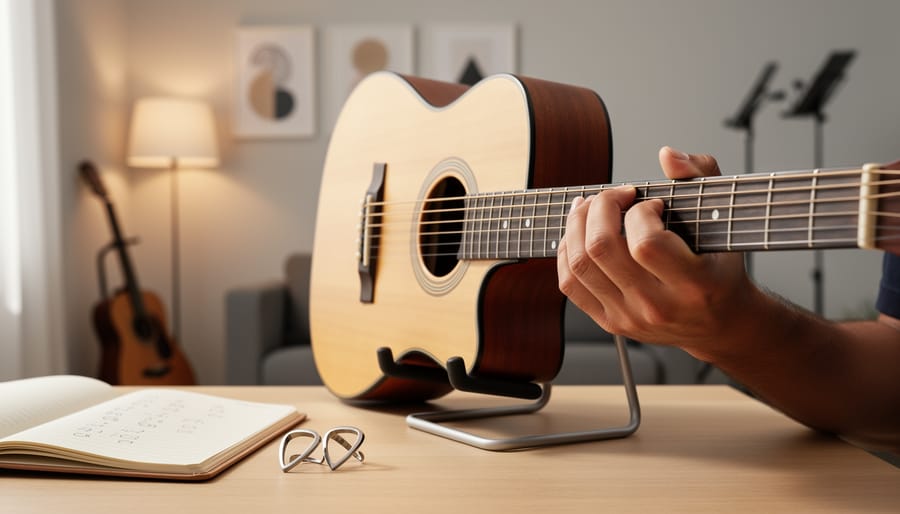 Close-up of an acoustic guitar on a stand with a hand forming a chord beside an open notebook, suggesting a beginner-friendly learning session.