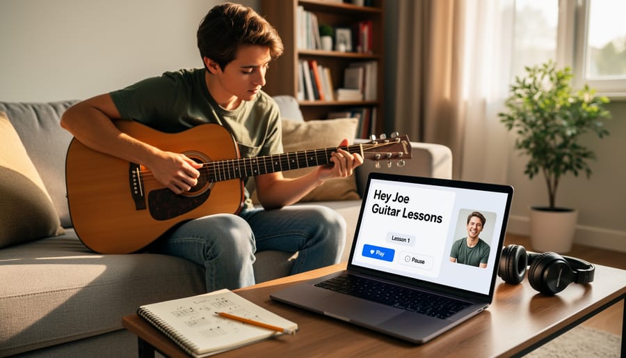 Person practicing guitar at home with an acoustic guitar in soft natural daylight
