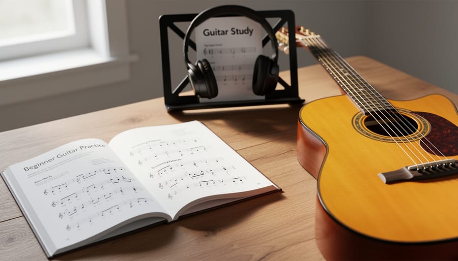 Open beginner guitar practice guide next to an acoustic guitar on a wooden desk under soft natural light.