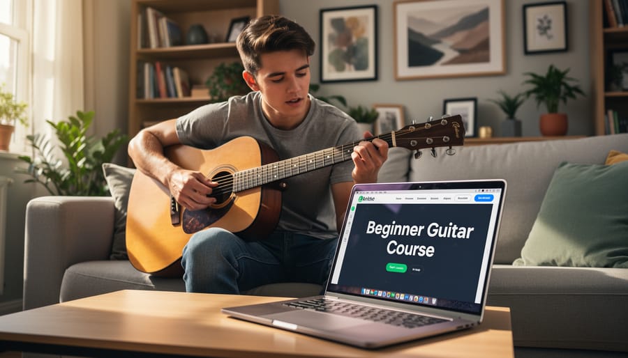 Beginner holding an acoustic guitar in a softly lit living room while preparing to practice