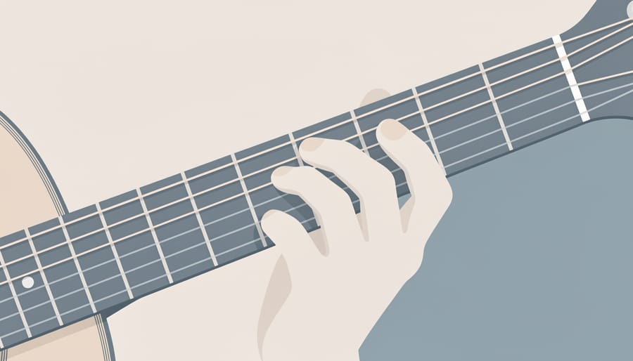 Close-up of fingertips pressing the guitar strings on the fretboard for a chord shape
