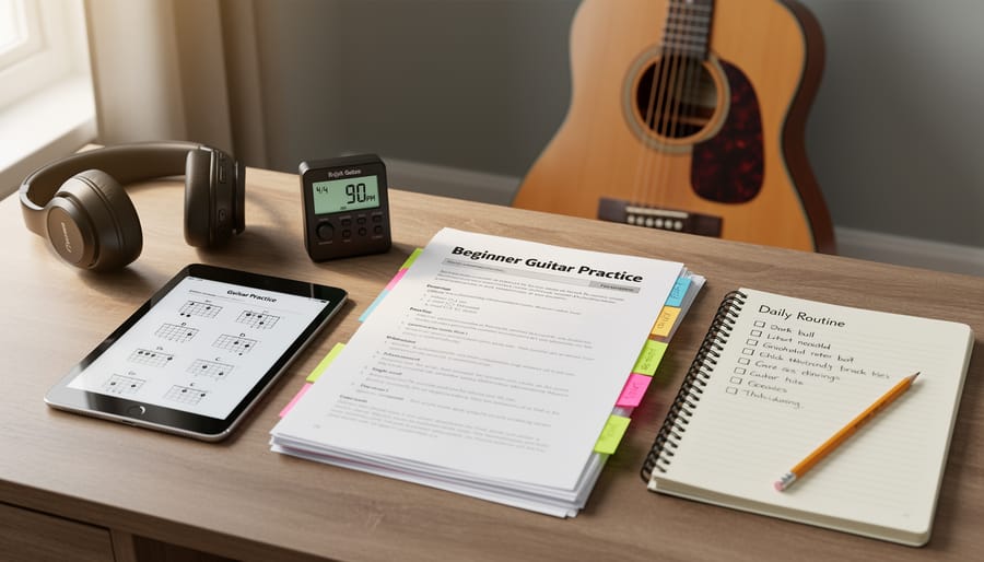 Open guitar practice pages on a desk with a guitar pick and smartphone nearby
