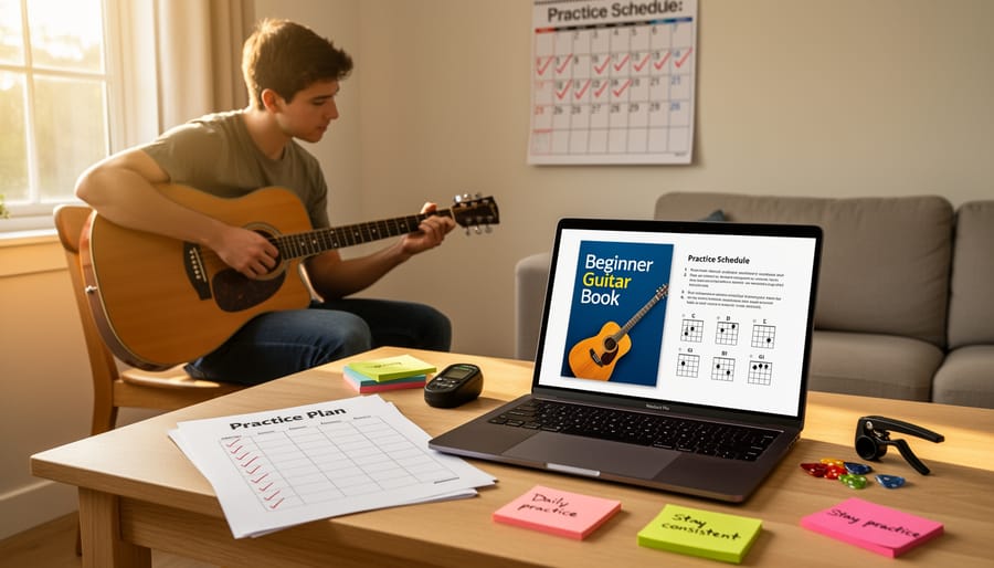 Person practicing guitar in a warmly lit corner during golden hour